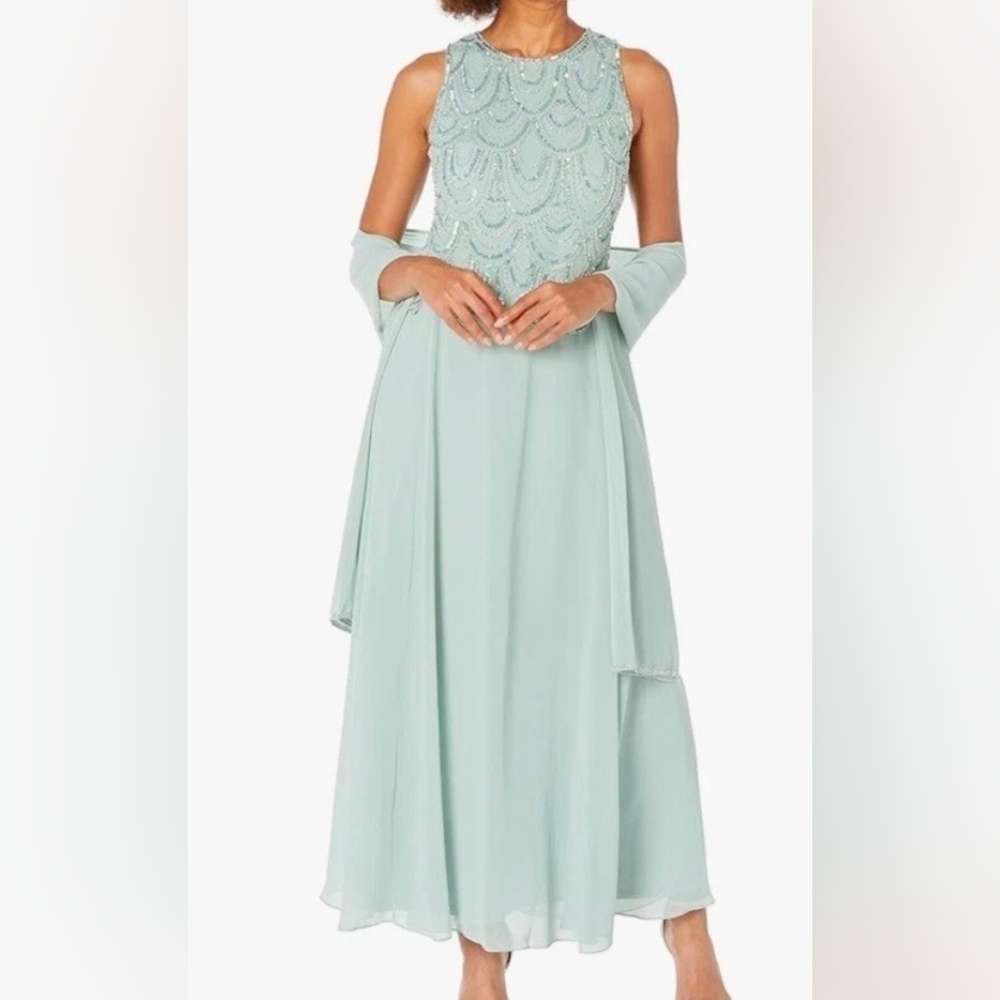 Embellished Soft Green Maxi Dress with Shawl